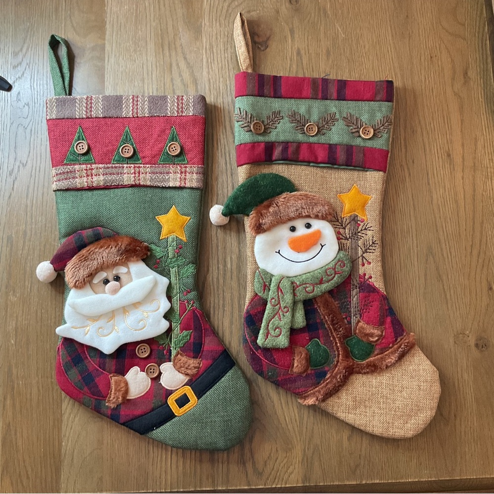 Pair of Red and Green Christmas Santa Snowman Decor Stockings Lot of 2